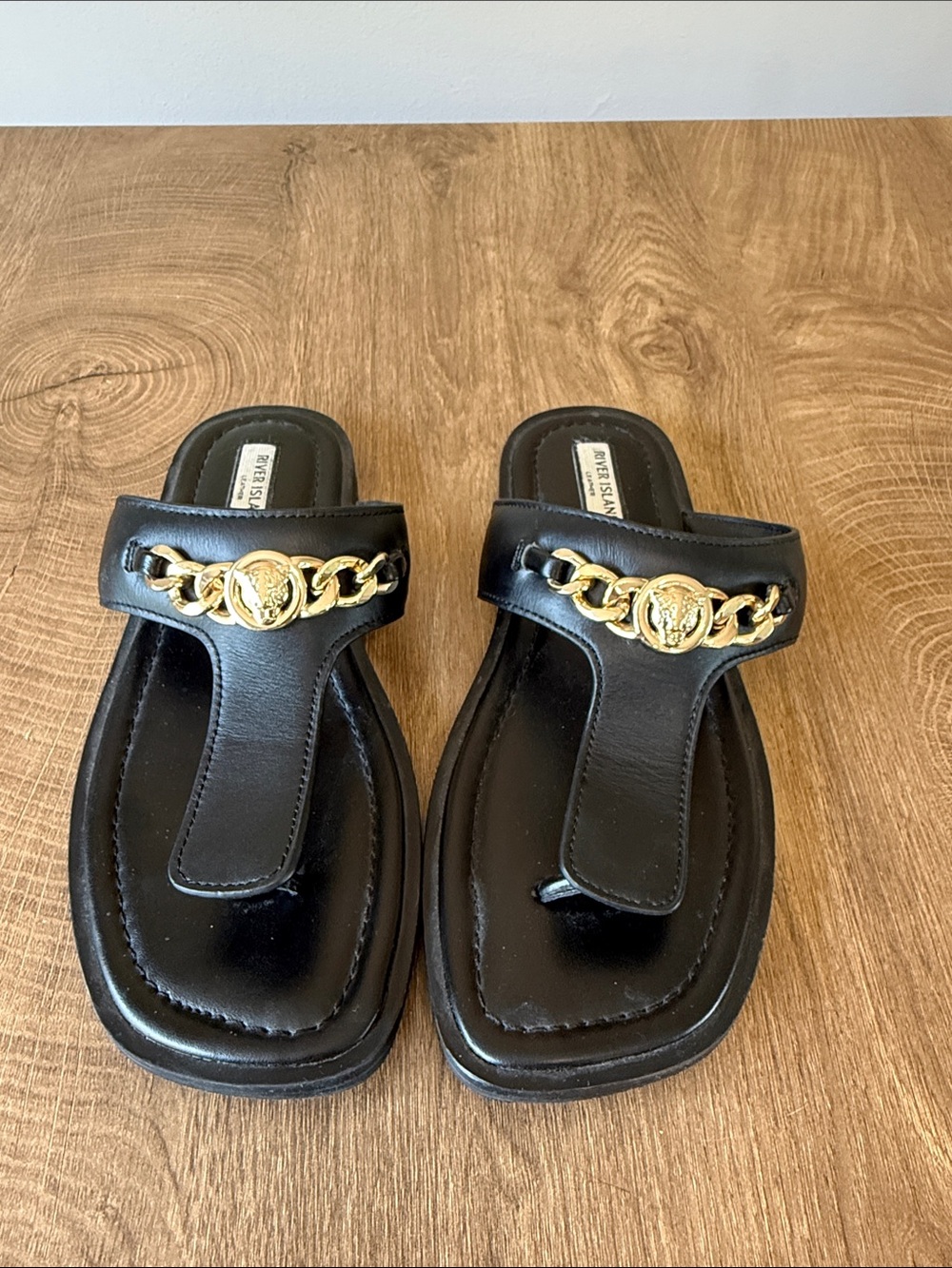 River Island Black Leather Thong Sandals with Gold Chain Detail